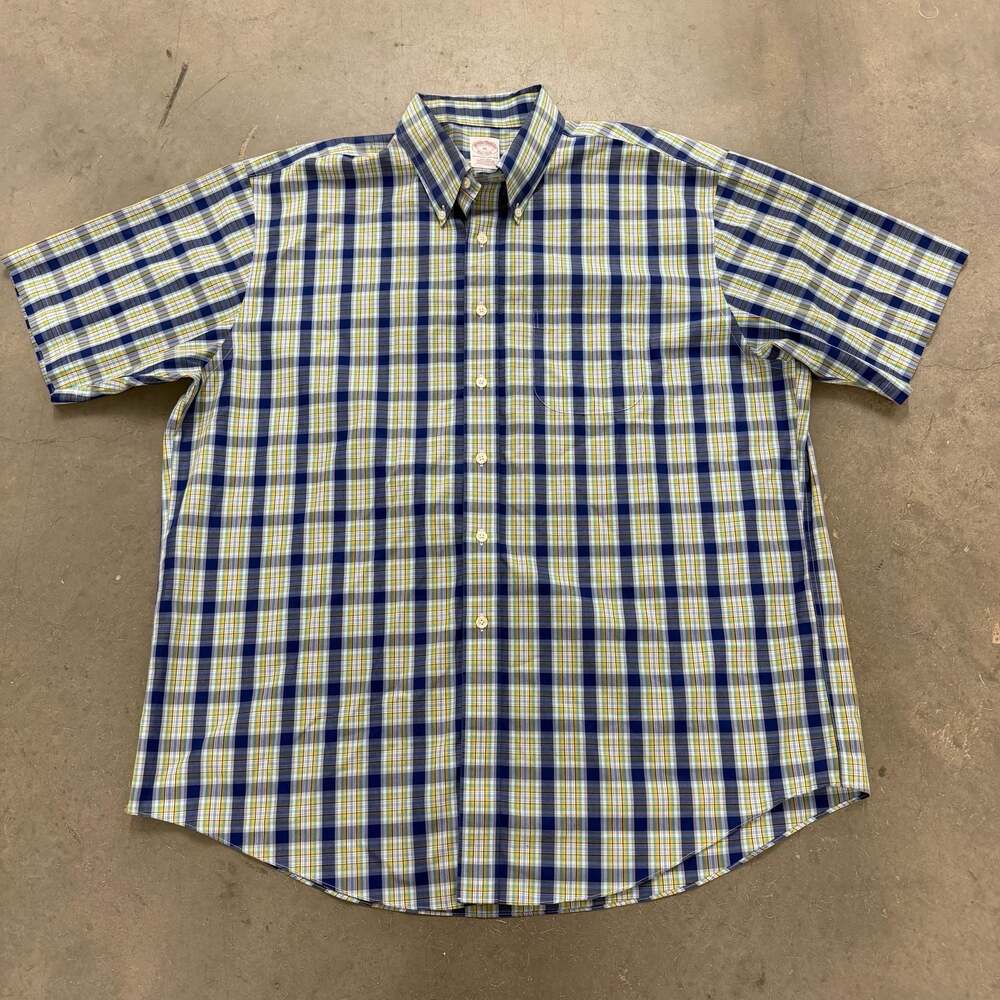 Brooks Brothers Plaid Short Sleeve Button Down Shirt Men’s XL Blue Green Yellow
